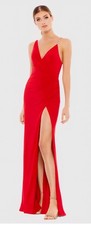 Mac Duggal Red Asymmetrical Pearl Strap Gown With Ruching, NWT, Size 10