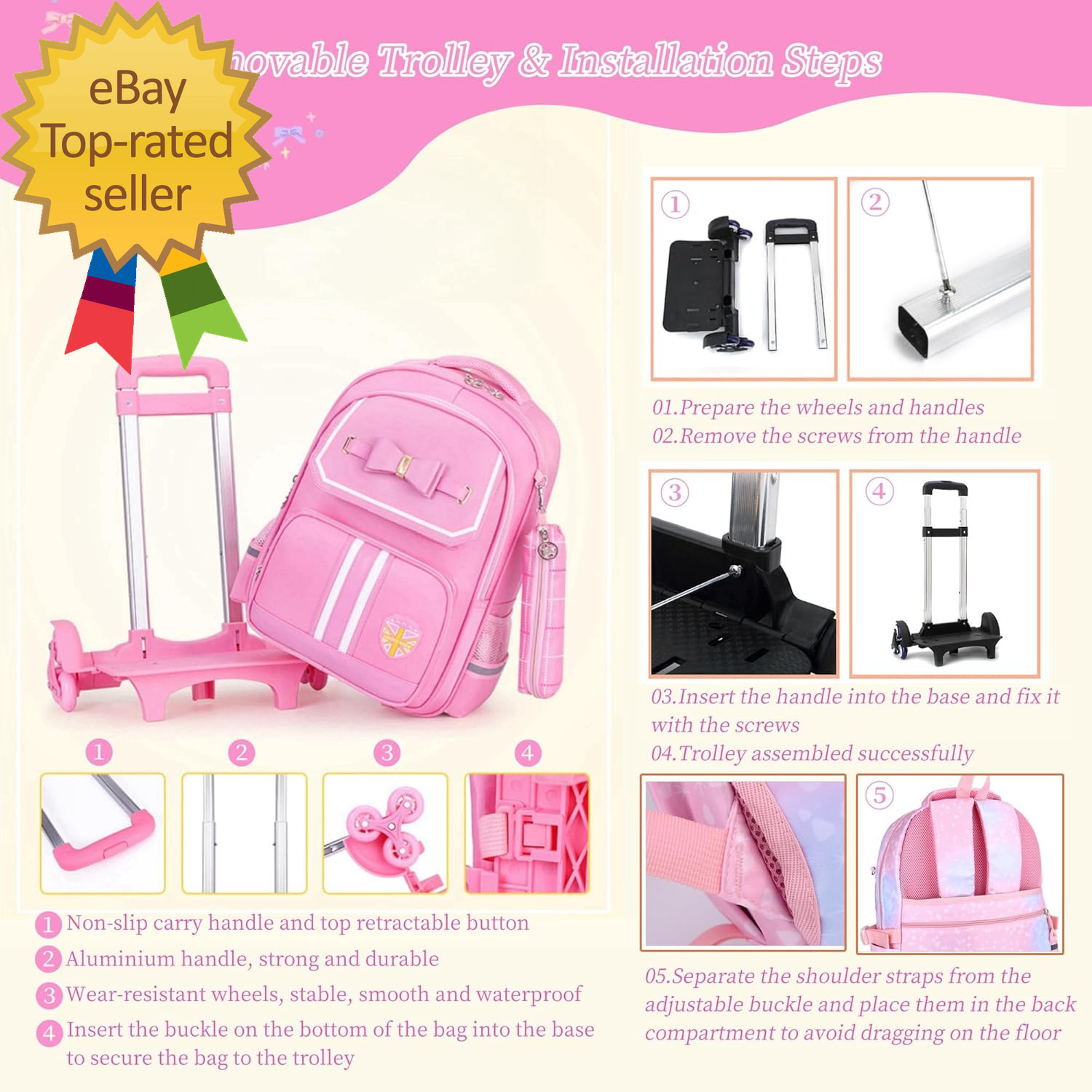 Rolling Backpack for Girls Cute Trolley Bags Primary School Bookbags Wheels