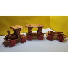 Vintage Wooden Pull Train Set 3 Piece Locomotive Passenger Cargo Red Wheels