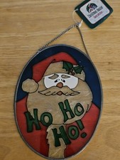 Vintage Christmas Santa 7" Hanging Oval Stained Glass Sun Catcher Ho Ho ho New