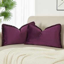 Eggplant Decorative Lumbar Velvet Fringe Throw Pillow Covers 12x20 Set of 2 B...