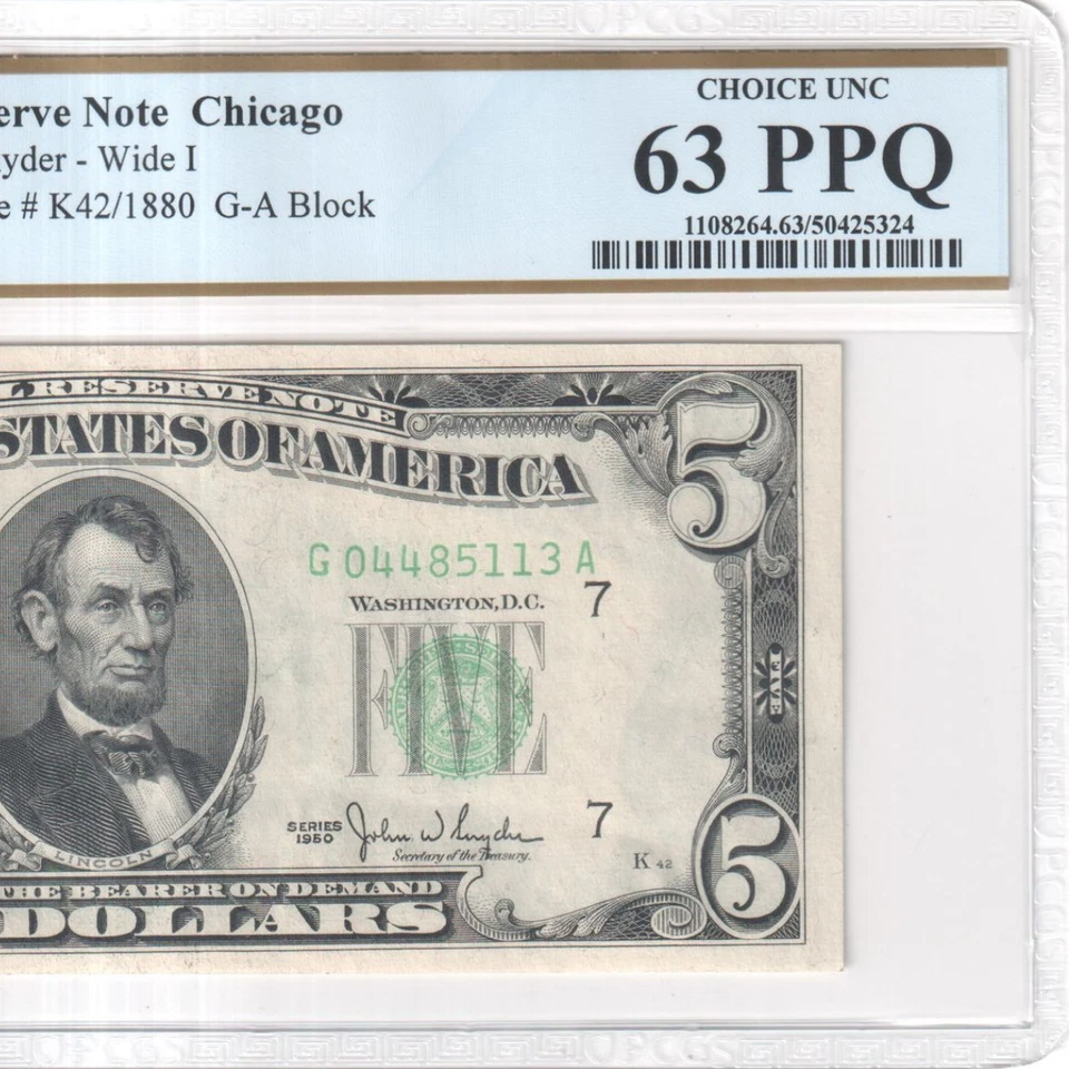 1950 $5 Federal Reserve Note - Chicago District - Wide I - 63 PPQ (Graded) - Image 3 of 4