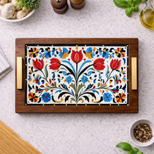 Tempered Glass Insert Walnut Wood Serving Tra...