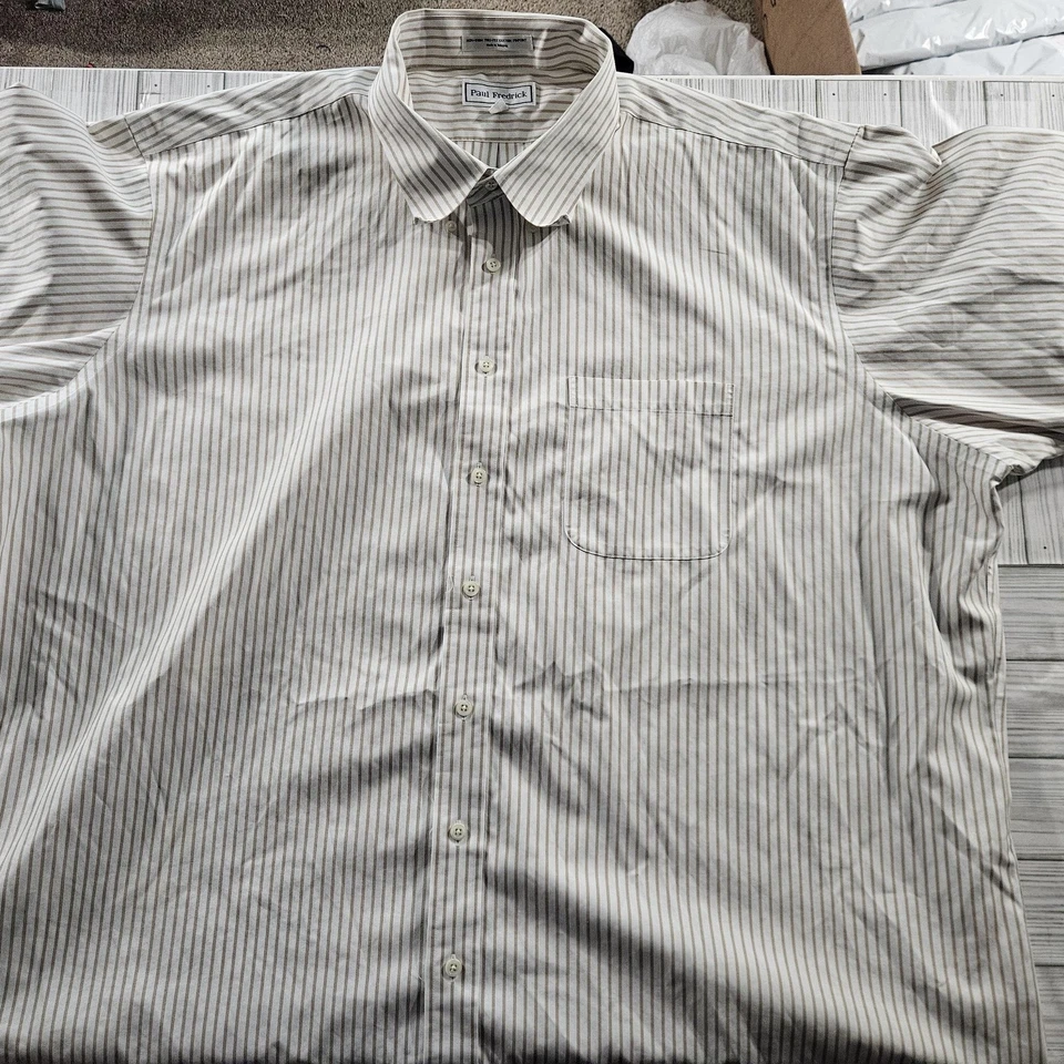 Camisa Paul Fredrick Para Hombre 20 Beige Blanco Rayas Manga Corta Sin Hierro Pinpoint Foto 2 de 4