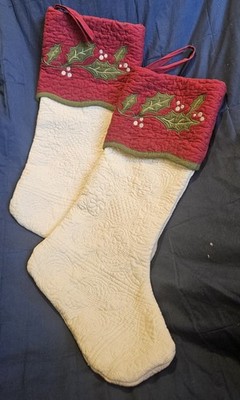 Christmas Stocking Set of Two  18 inch Quilted with Holly Leaf Cuff Trim Holiday