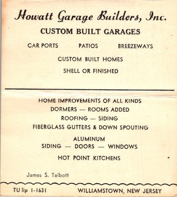 Howatt Garage Builders Inc Business Card 1960s Williamstown NJ Home Improvements