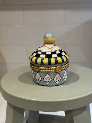 Vintage CBK LTD Porcelain Hinged Trinket Box Checkered Cupcake Shaped Box Roses