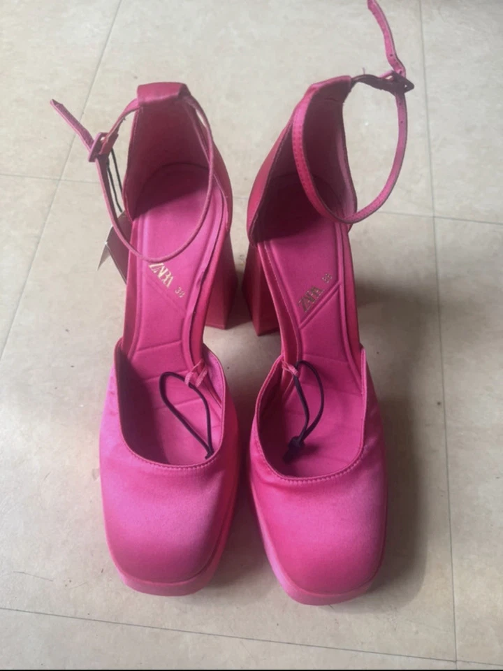 ZARA Escarpins femme rose fuchsia plateforme bride cheville EU 38 bout carré - Photo 1/4