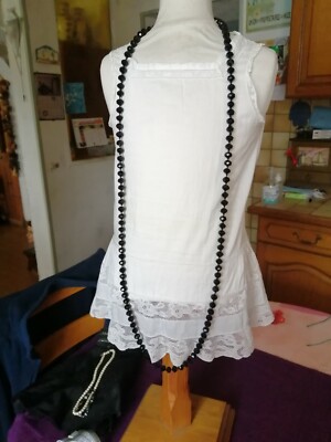Sautoir Long Perles Noires Taillées En Verre Style Jais XXe - Collier Perle Noir
