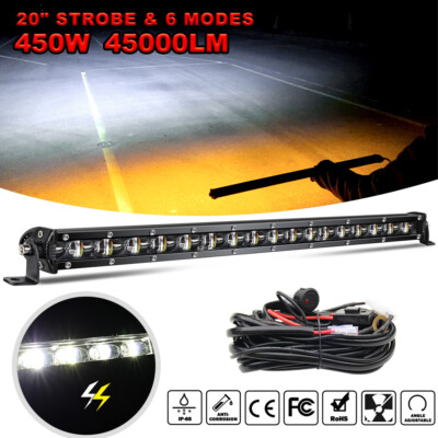 6D Slim 20'' LED Work Light Bar White & Amber Strobe Flash Lamp + Wiring Harness