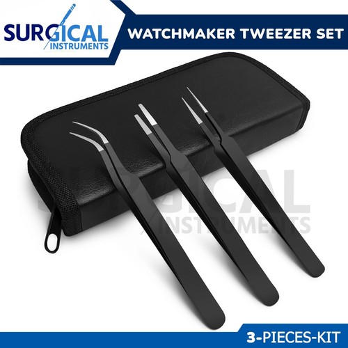 3 Precision Tweezers Set Extra Fine, Angled, Blunt Tips for