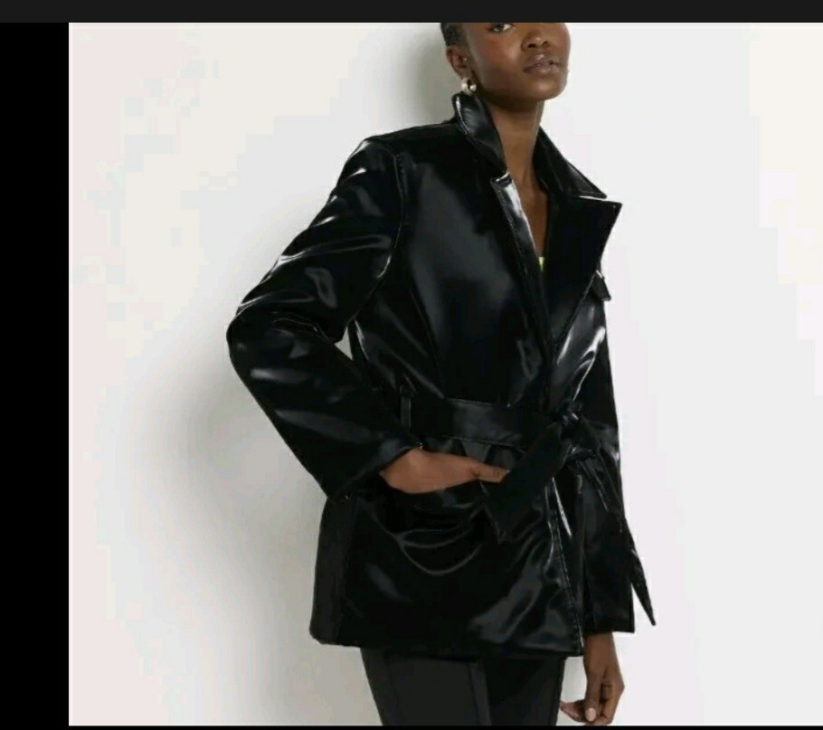 New River Island Womens Black Shiny Coat Belted Collared Jacket
