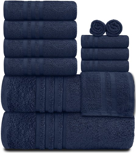 Bath Towel Set 12 Piece Wealuxe Collection Navy Soft & Plush 100% Cotton Highly - Picture 2 of 8