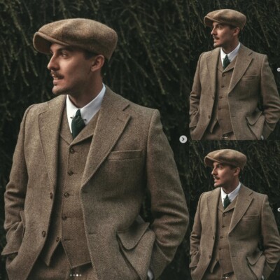 Vintage Tweed Herren Anzüge Wollmischung Formell Abendessen Smoking Braun 3 Teile