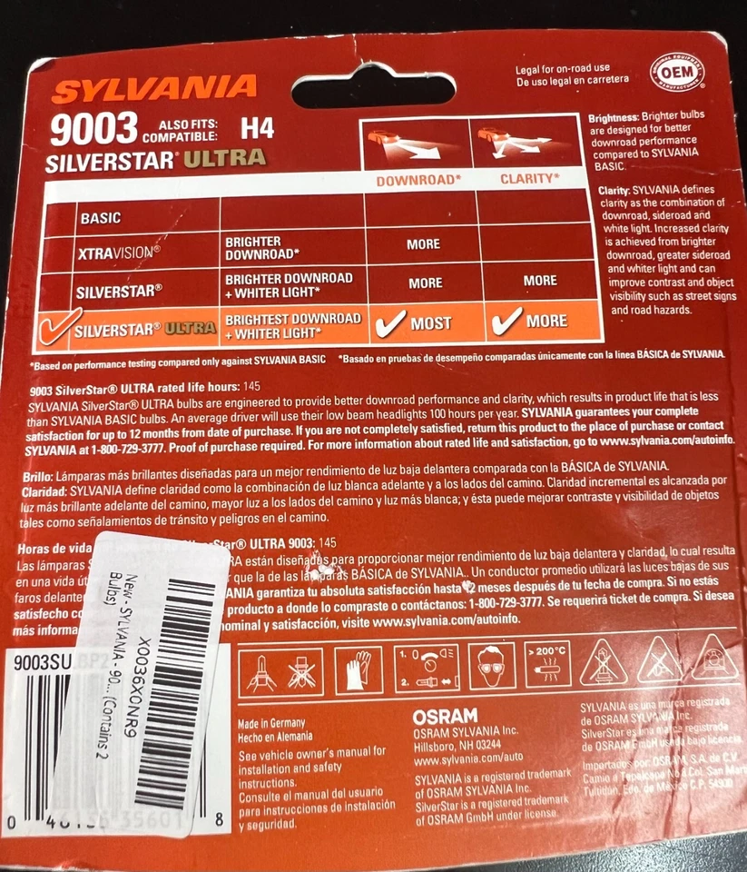 Sylvania SilverStar Ultra 9003 HB2 H4 60/55W Juego de luces de cabeza de dos bombillas 6018 Foto 2 de 2