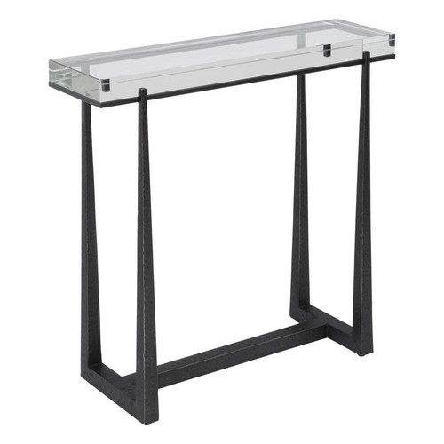 MIDAS INDUSTRIAL STYLE IRON BASE ACCENT END TABLE THICK CRYSTAL TOP UTTERMOST - Picture 4 of 7