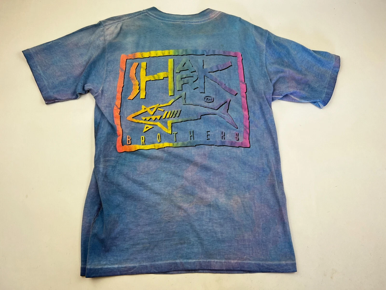 VINTAGE Shark Brothers Shirt Size Large L Tee Blue Pink Short Sleeve Adult 90s