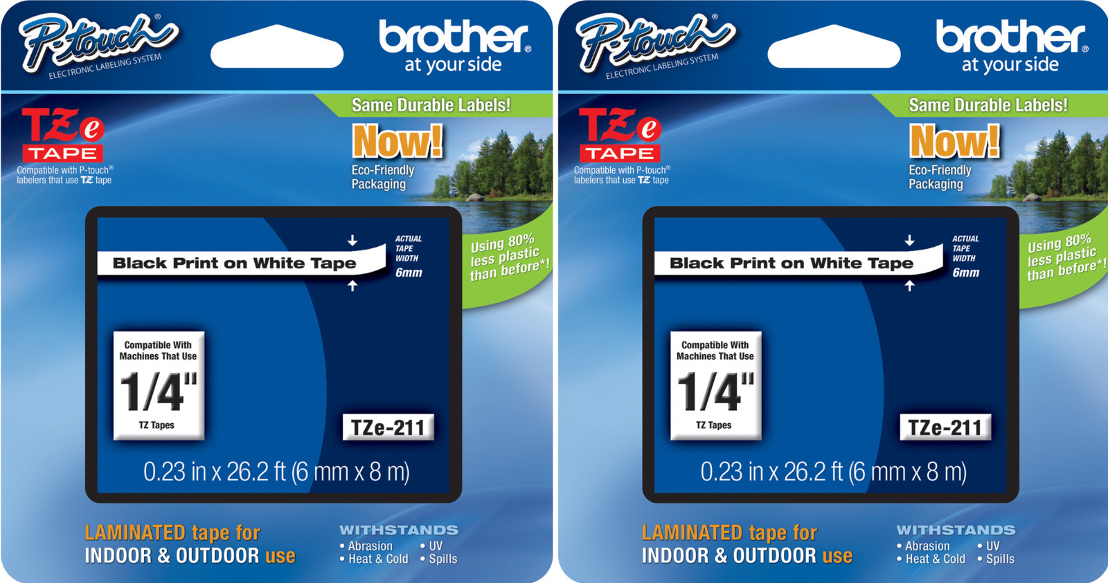 New Genuine Brother P-Touch TZe-211 2PK Black on White Tape Bag