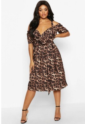BOOHOO Plus Leopard Ruffle Wrap Midi Dress Size 16 UK
