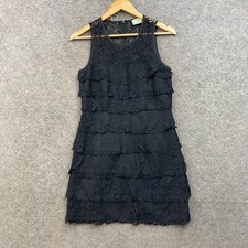 VINTAGE Review Dress Womens 10 Black Floral Tiered Nylon Mesh Lined 47404