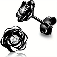 Fashion Rose Flower Stud Earrings Shimmering Zirconia Inlay Women Jewelry Black