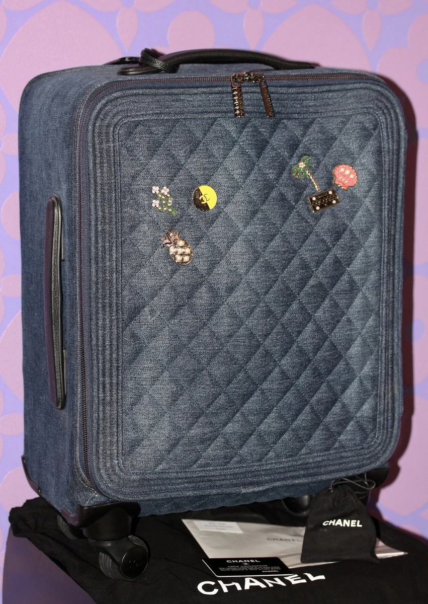 CHANEL 17C COCO CUBA TROLLEY Quilted Denim +Charms Rolling Luggage Bag  Suitcase!