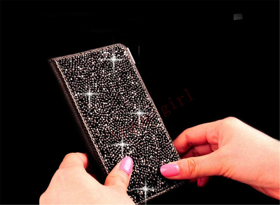 Para mujeres Lujo Diamante Abatible Cuero Brillante Brillo Cartera Estuche Soporte Cubierta Foto 3 de 4