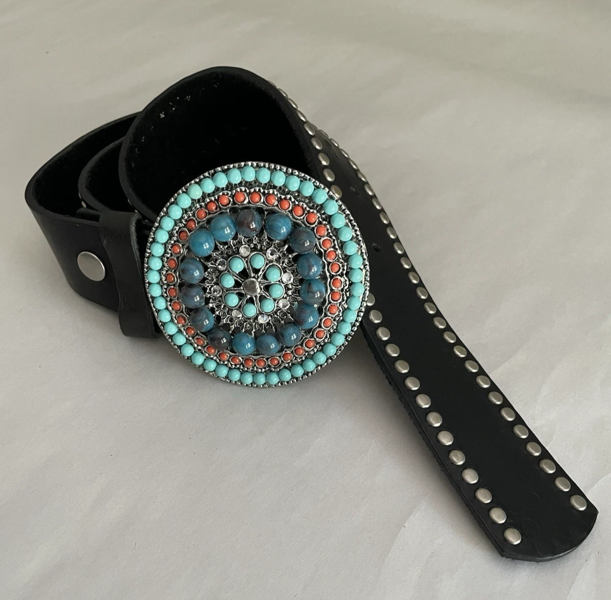 LEATHEROCK USA VINTAGE Black Leather Studded Rhinestone Belt Size Large 41” L Vintage Leatherock Rhinestone Western Belt, Size M34 - Etsy main image 3