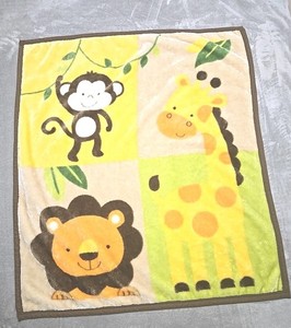 Tiddliwinks Fleece Baby Blanket Monkey Giraffe Lion Brown Yellow Tan 37”x42” EUC