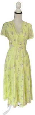 Self Portrait Lime Floral Green Chiffon Midi Dress Lace Detail UK 4 US 0 NWT