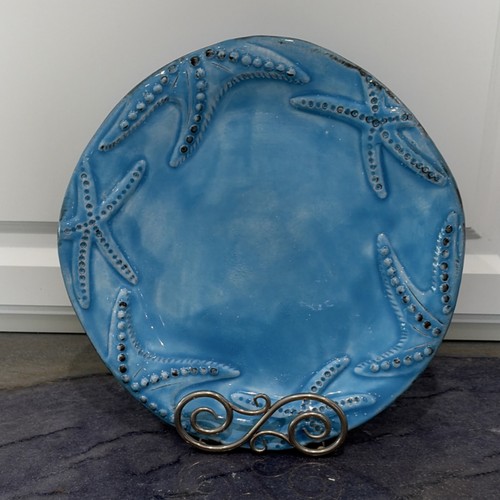 VIETRI Blue Starfish Pattern Ceramic Plate Round Glossy Italy Dishwasher Safe
