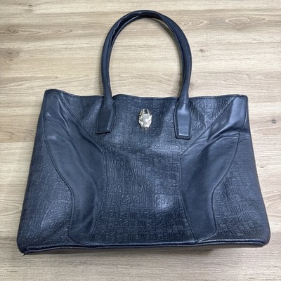 Roberto Cavalli Leather Tote Black Embossed Italy Shoulder Bag Designer Handbag