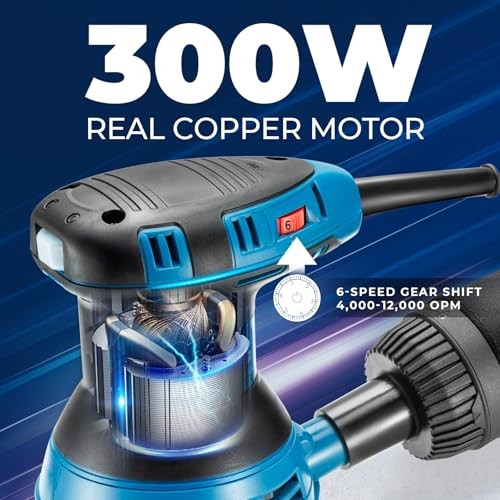 5-Inch Random Orbital Sander 3 Amp 12000OPM, 6 Variable Speeds, with 10pcs 