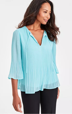 JM Collection Womens Top Size M Turquoise Pleated 3/4-Sleeve Chiffon NWT APR325