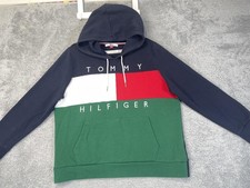 Tommy Hilfiger Denim Hoodie Mens XL Colorblock Logo Pullover Sweatshirt Boxy Y2K
