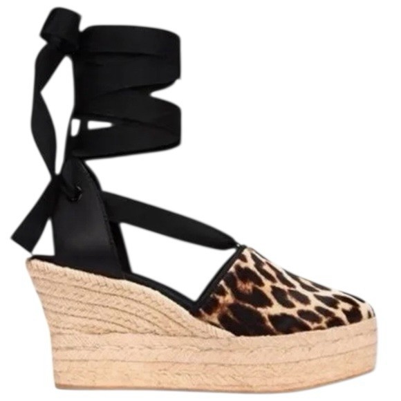 Tory Burch Elisa Leopard Calf Hair Espadrille Wedge Lace Up Ankle Womens 9.5