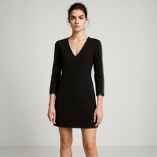 Mango Black V-neck Leather Trim Half Sleeve Career Business Mini Sheath Dress 6