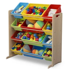 Kids Toy Storage Organizer Cabinet W/ 12 Plastic Bins Wood Frame Playroom 