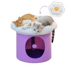 Flower Cat House with Pompom Ball, Double-Deck, Large Cat Condo, Bed with Soft F