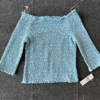 NWT Knit Works Girls L 14 Blue White Polka Dot Smocked Off Shoulder Top Shirt