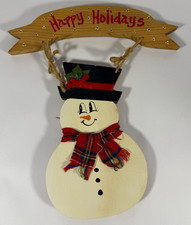 Wooden Snowman Happy Holidays Sign Rustic Country Christmas Wall Door Decor