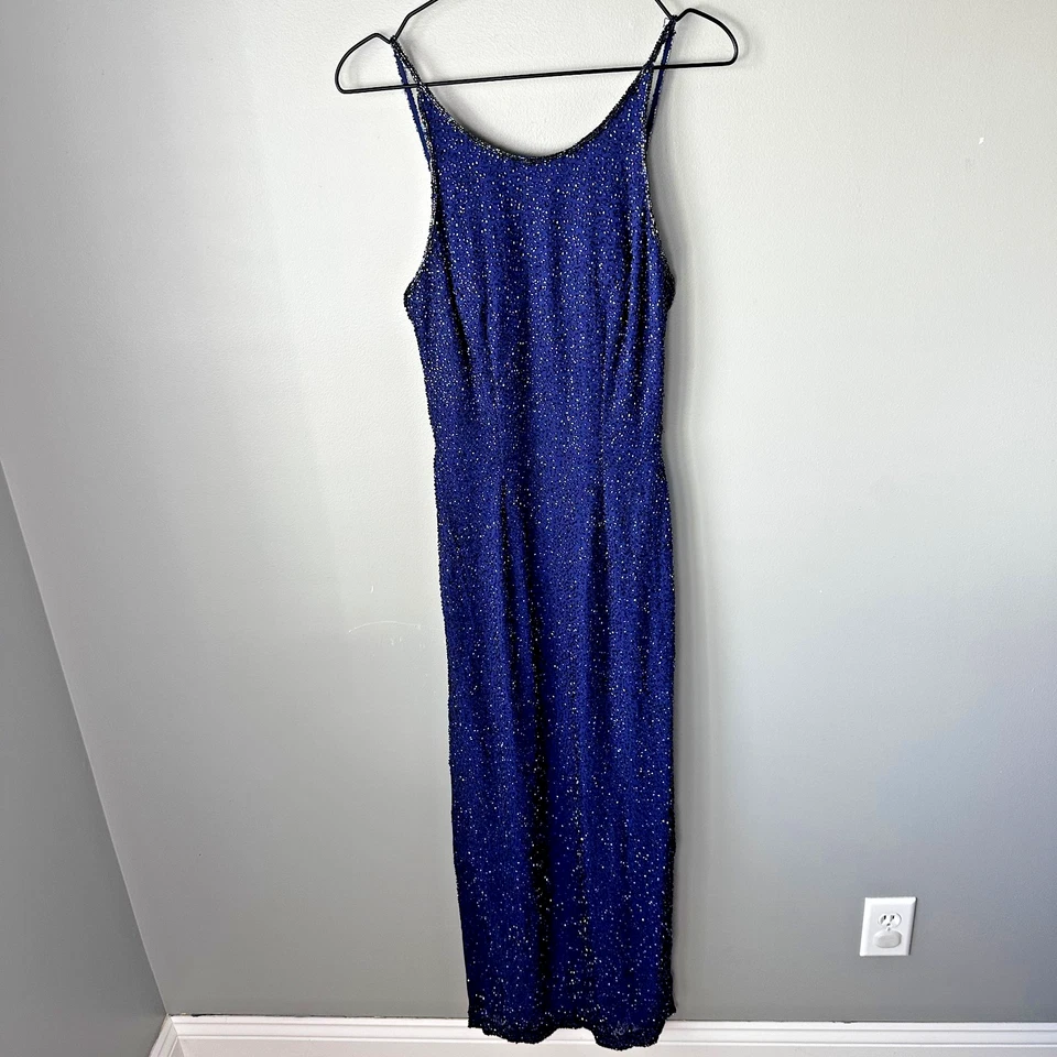 Vestido de noite formal feminino vintage Sean Collection azul frisado XS 100% fenda de seda - Imagem 2 de 4