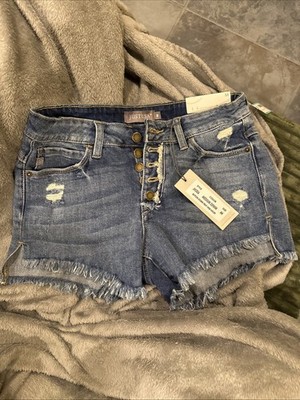Just USA Cut Off Distressed Frayed Raw Hem Jean Shorts, Women s Size Large Denim