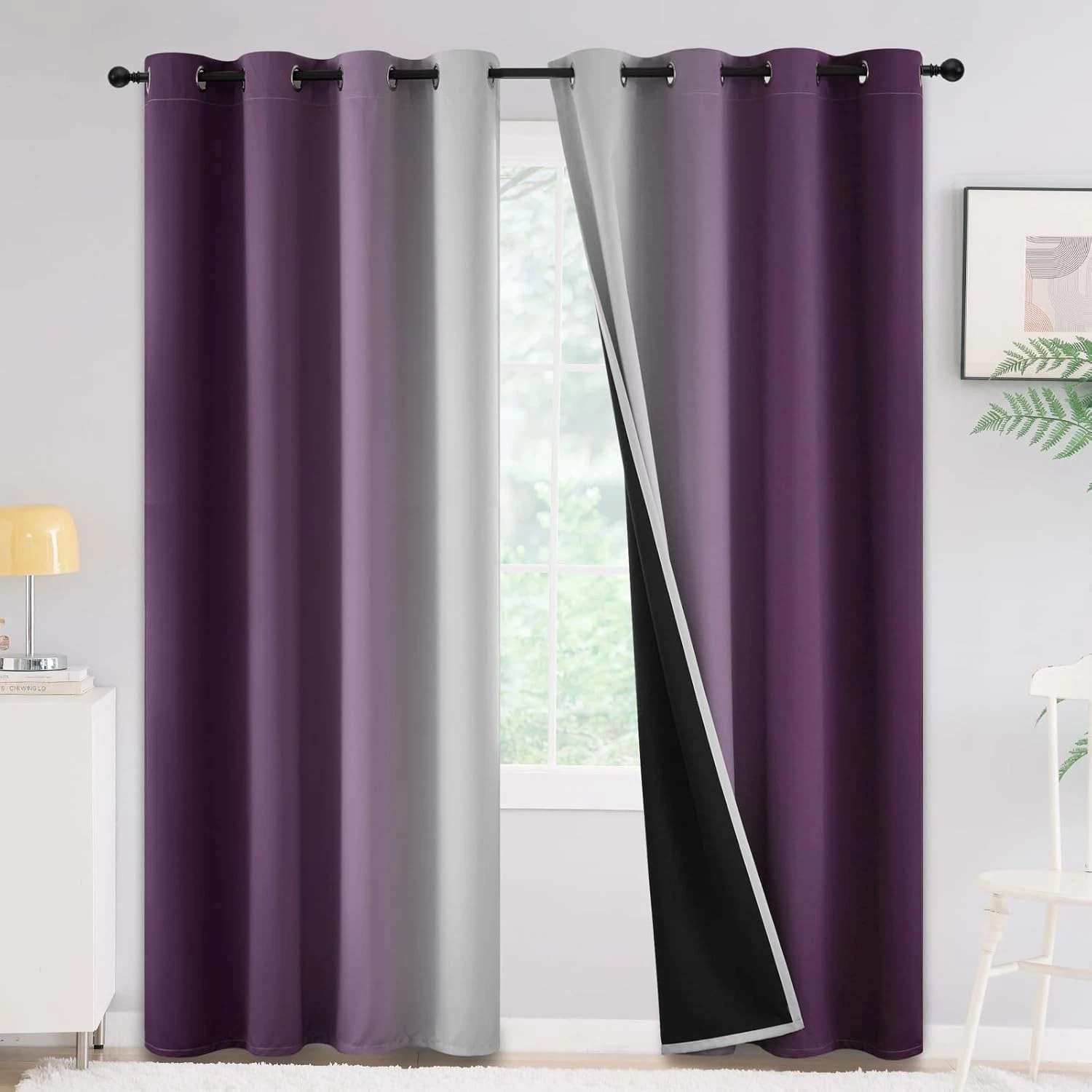Yakamok 100% Blackout Ombre W 52 x L 84 (2 Panels), Purple and Greyish White