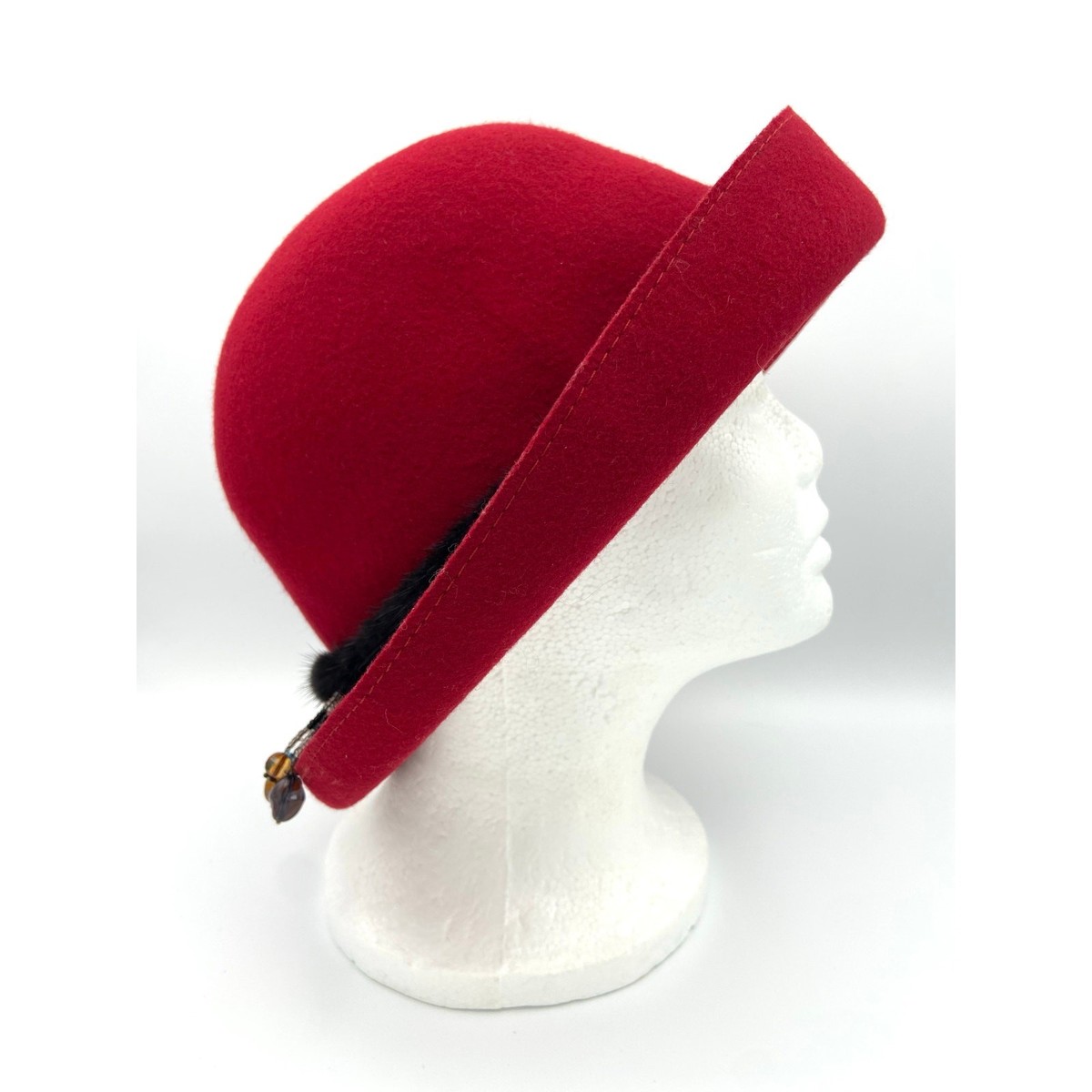 Liz Claiborne Red Wool Cloche Hat Purple Ostrich Feather Trim Red Hat Society Vintage Liz Claiborne Red Wool Cloche Hat with Mink Fur Trim  main image 4