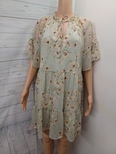 H M Tiered Dress Light Green Floral Cottage Sz 6 Short Sleeve Line