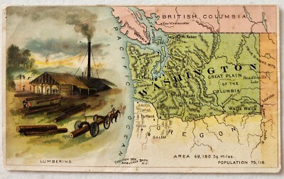 Arbuckle Ariosa Coffee Logging Washington Map Victorian Trade Card 1800s 