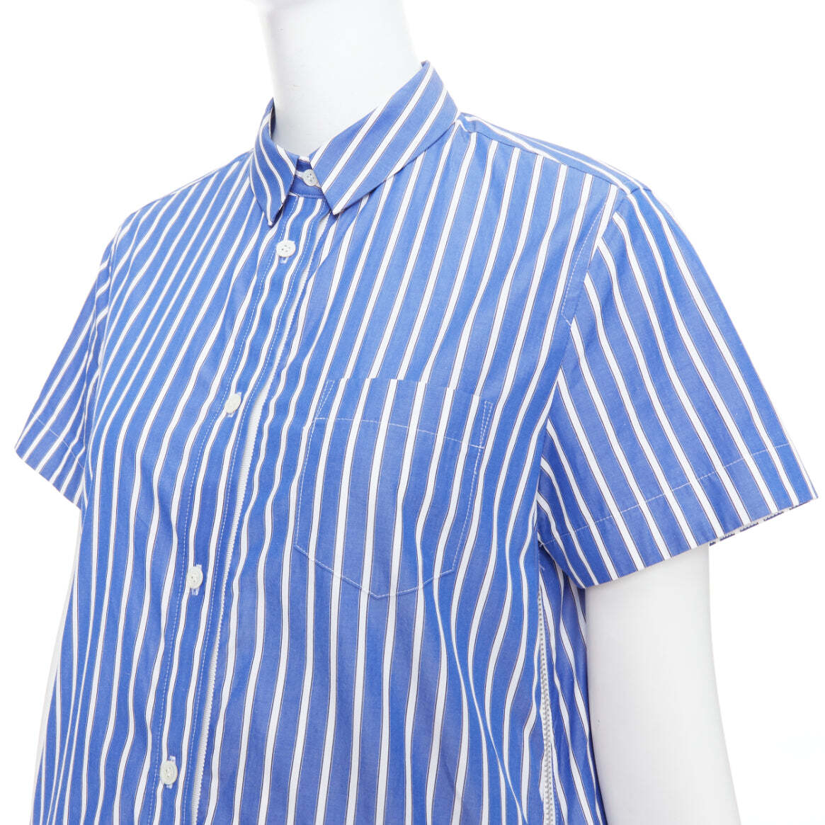 SACAI 2018 blue white cotton striped cascade zip side shirt SACAI 2018 blue white cotton striped cascade zip side shirt