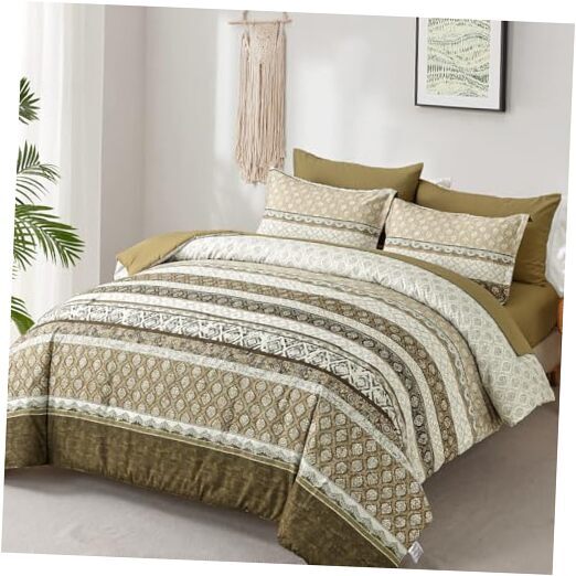 Boho Comforter Set Size Bohemian Striped Bed in a Bag 7 Pieces Queen Khaki