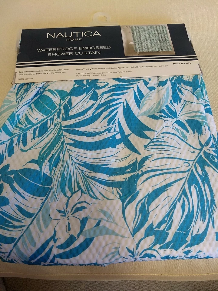 CORTINA DE DUCHA NÁUTICA FLORAL PALMA TROPICAL BLANCO/AZUL TURQUESA IMPERMEABLE S13 Foto 3 de 4